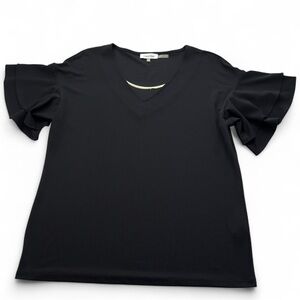 Calvin Klein Women’s M Black Flutter Sleeve Blouse V-Neck Gold Bar Accent Top